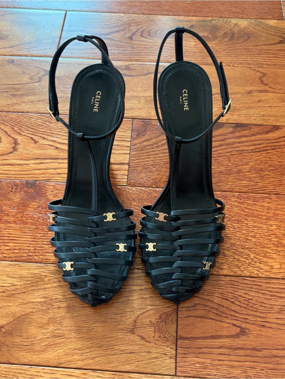 Celine Black Leather Cage Sandals with Gold Logo Accent